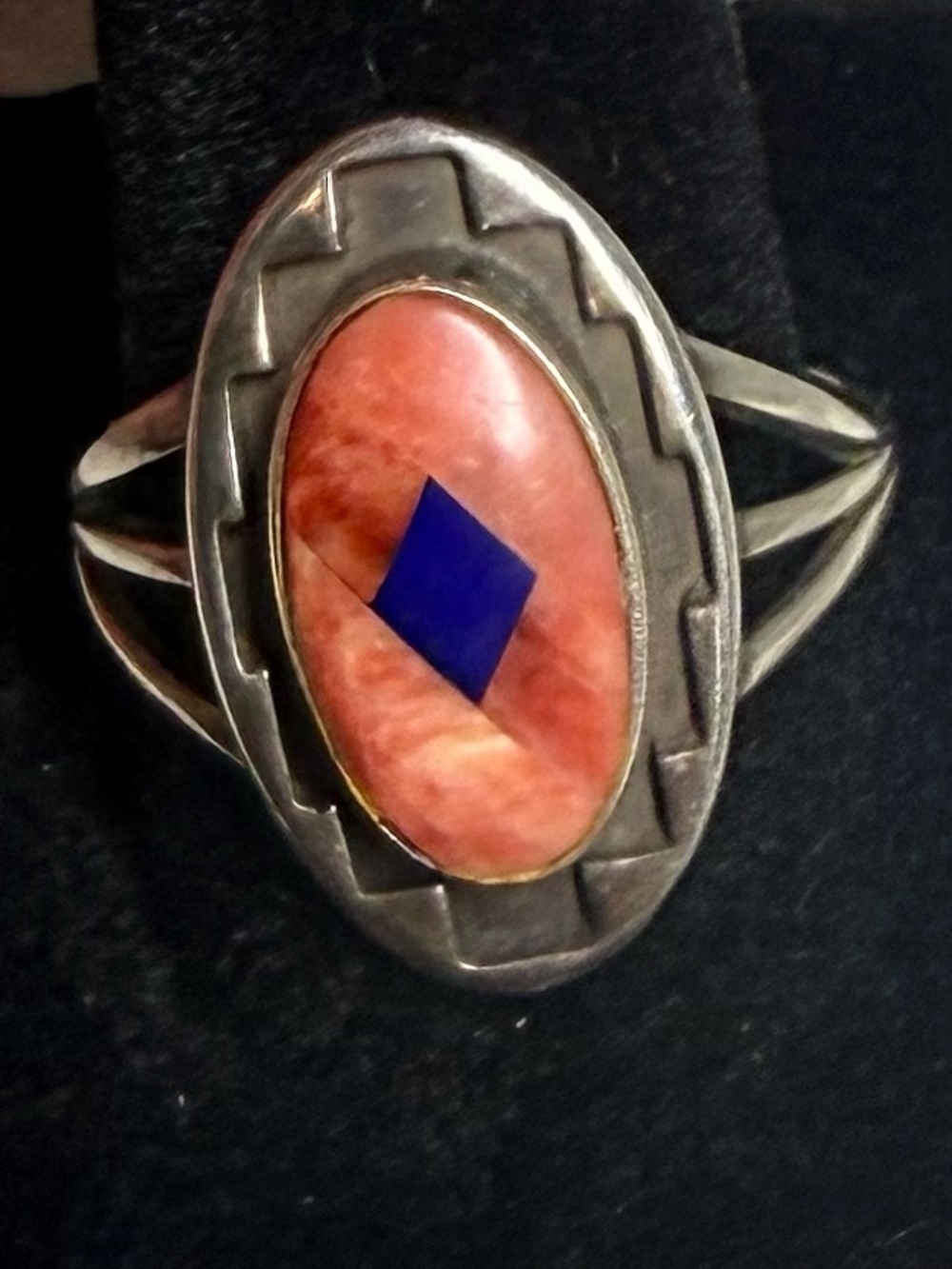 Southwest Sterling Silver Coral Oval 3/4” Ring with Blue Accent- Size 8